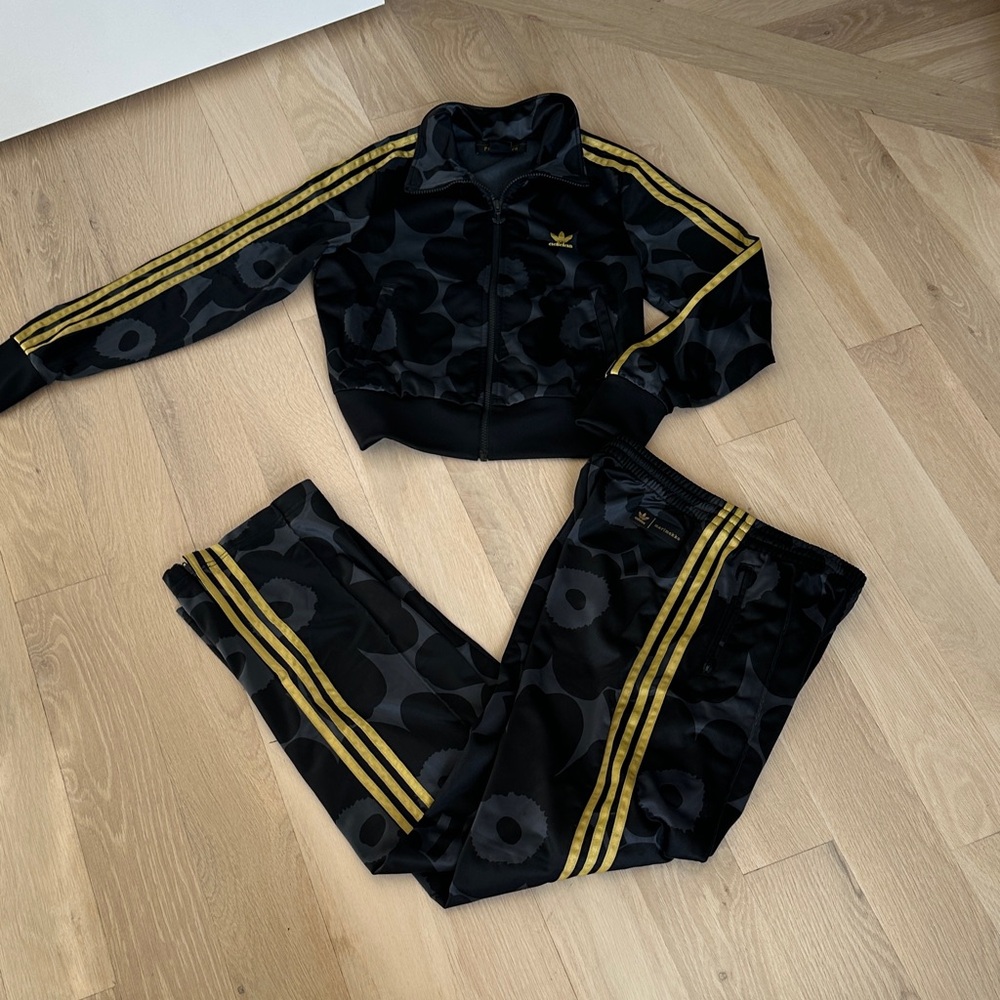 Adidas X Marimekko Woman’s Printed Black and Gold Track Suit